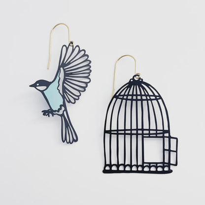 Birdcage & Bird Earrings in Black & Duck Egg Blue