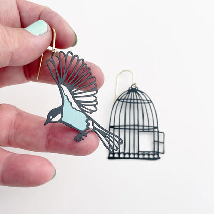Birdcage & Bird Earrings in Black & Duck Egg Blue