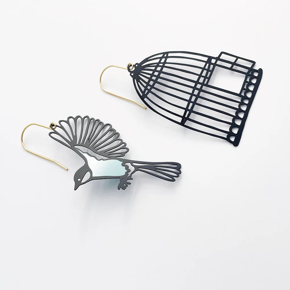 Birdcage & Bird Earrings in Black & Duck Egg Blue