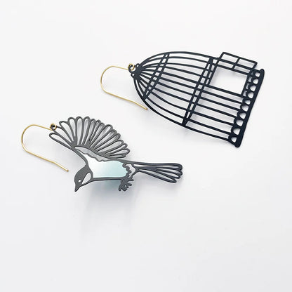 Birdcage & Bird Earrings in Black & Duck Egg Blue