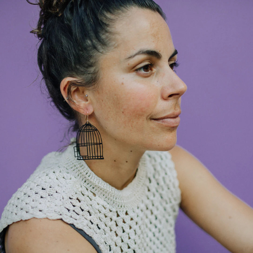 Birdcage & Bird Earrings in Black & Duck Egg Blue