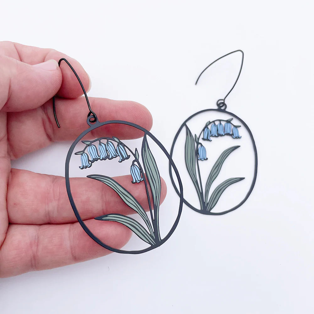 Bluebell Flower Earrings in Black, Blue & Sage