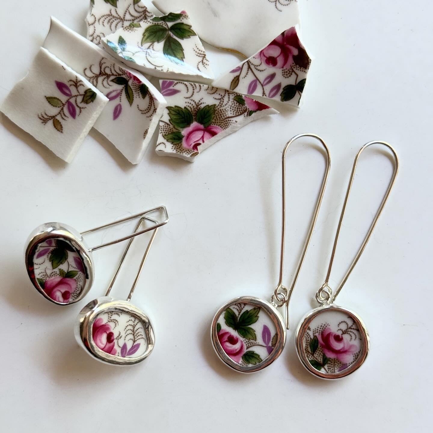 Repurposed Royal Albert Lavender Rose Bone China & Silver Earrings (#2437)