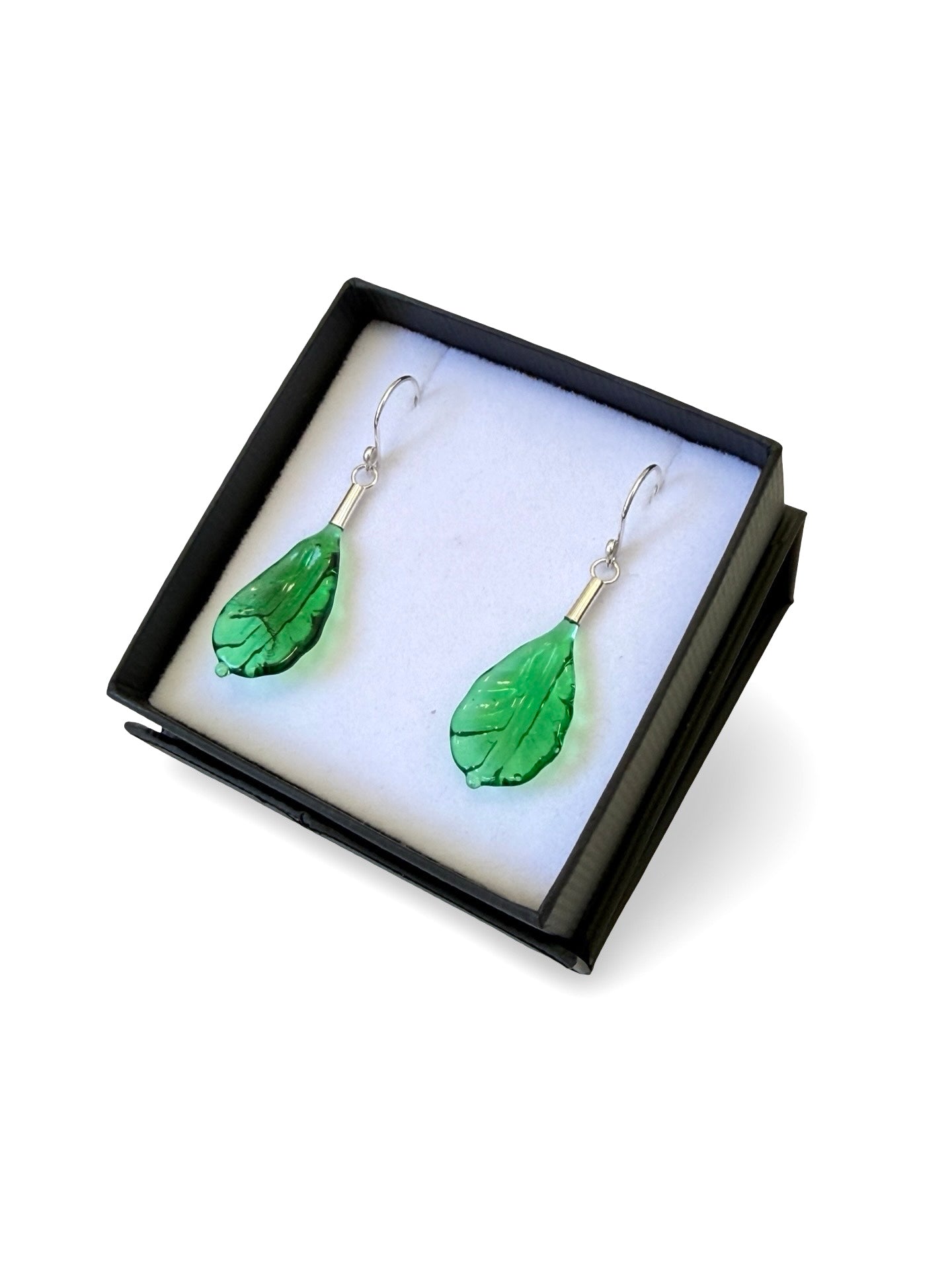 Glass Leaf Drop Earrings - Emerald