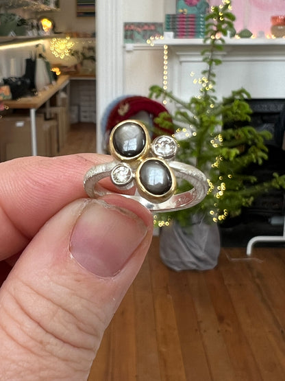Star Sapphires and Diamonds in Yellow / White Gold Textured Ring (CI-123)