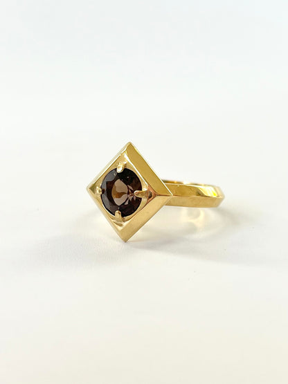 Gold Plated Frame Cocktail Ring with Smokey Quartz Size Q1/2