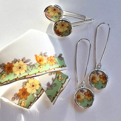 Repurposed Roslyn China Ceramic & Silver Earrings (#2486)