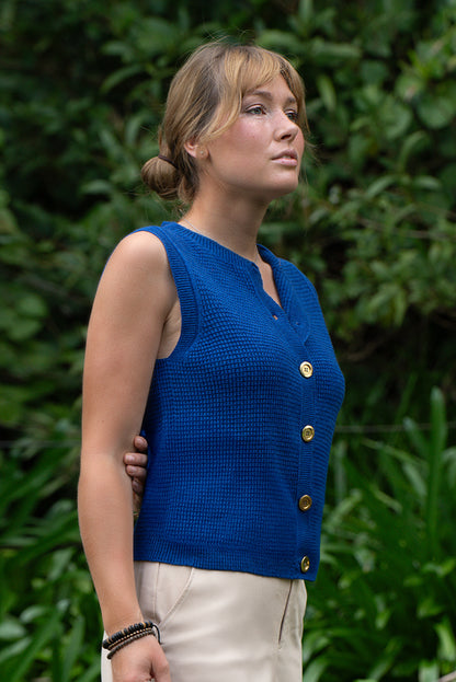 Cobolt Blue 'Hepburn' Button Vest - Textured Cotton/Merino