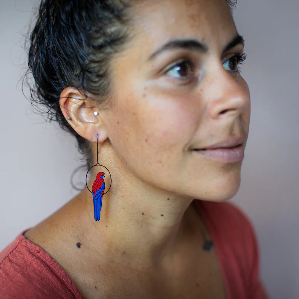 Crimson Rosella Earrings in Black, Red & Blue