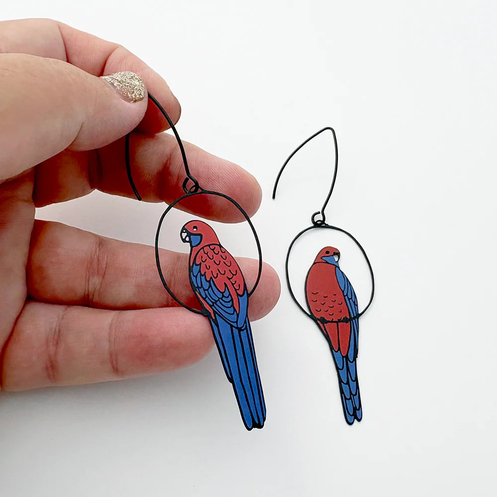 Crimson Rosella Earrings in Black, Red & Blue