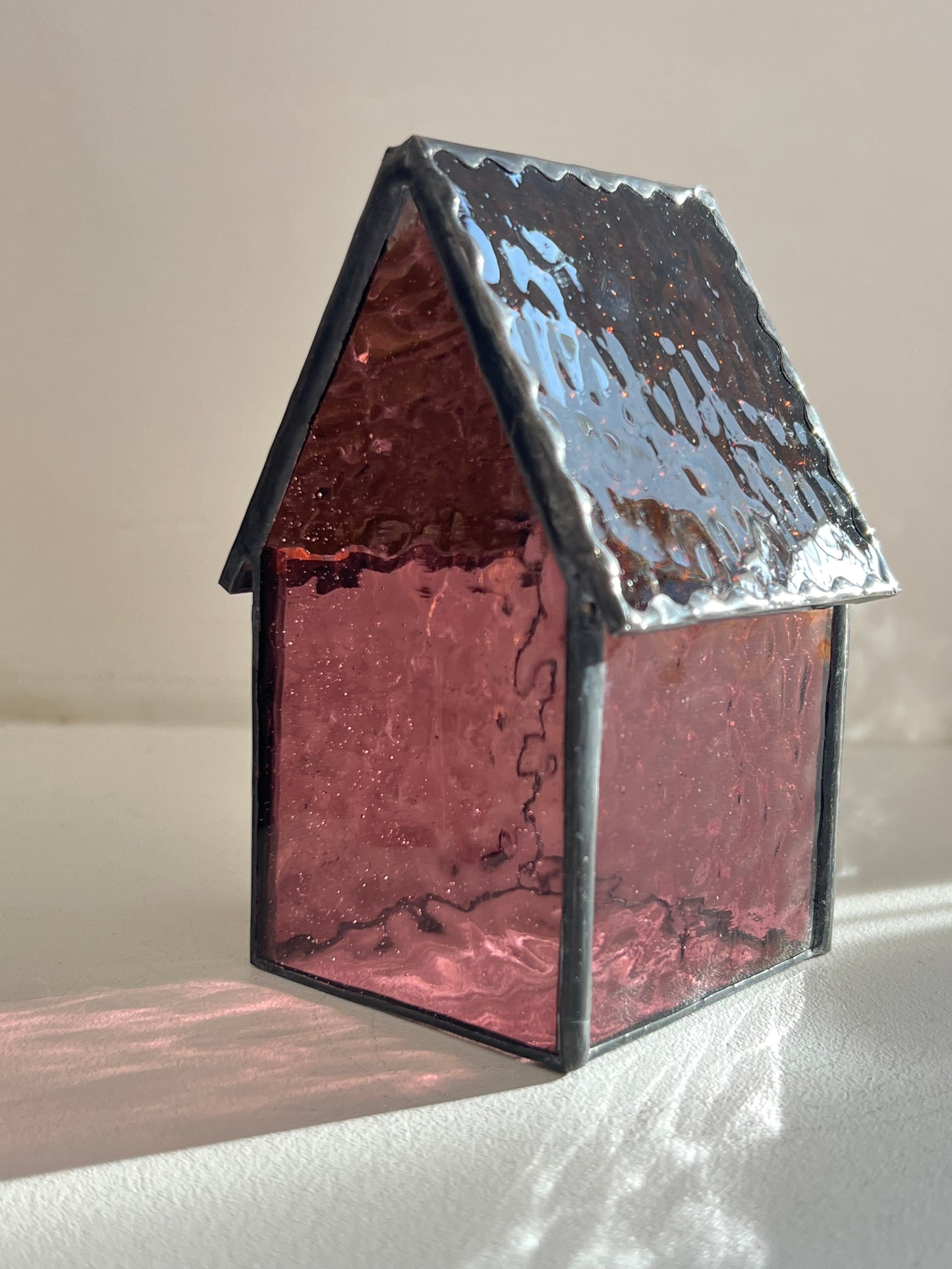 Stained Glass tea light House - Ruby/Purple