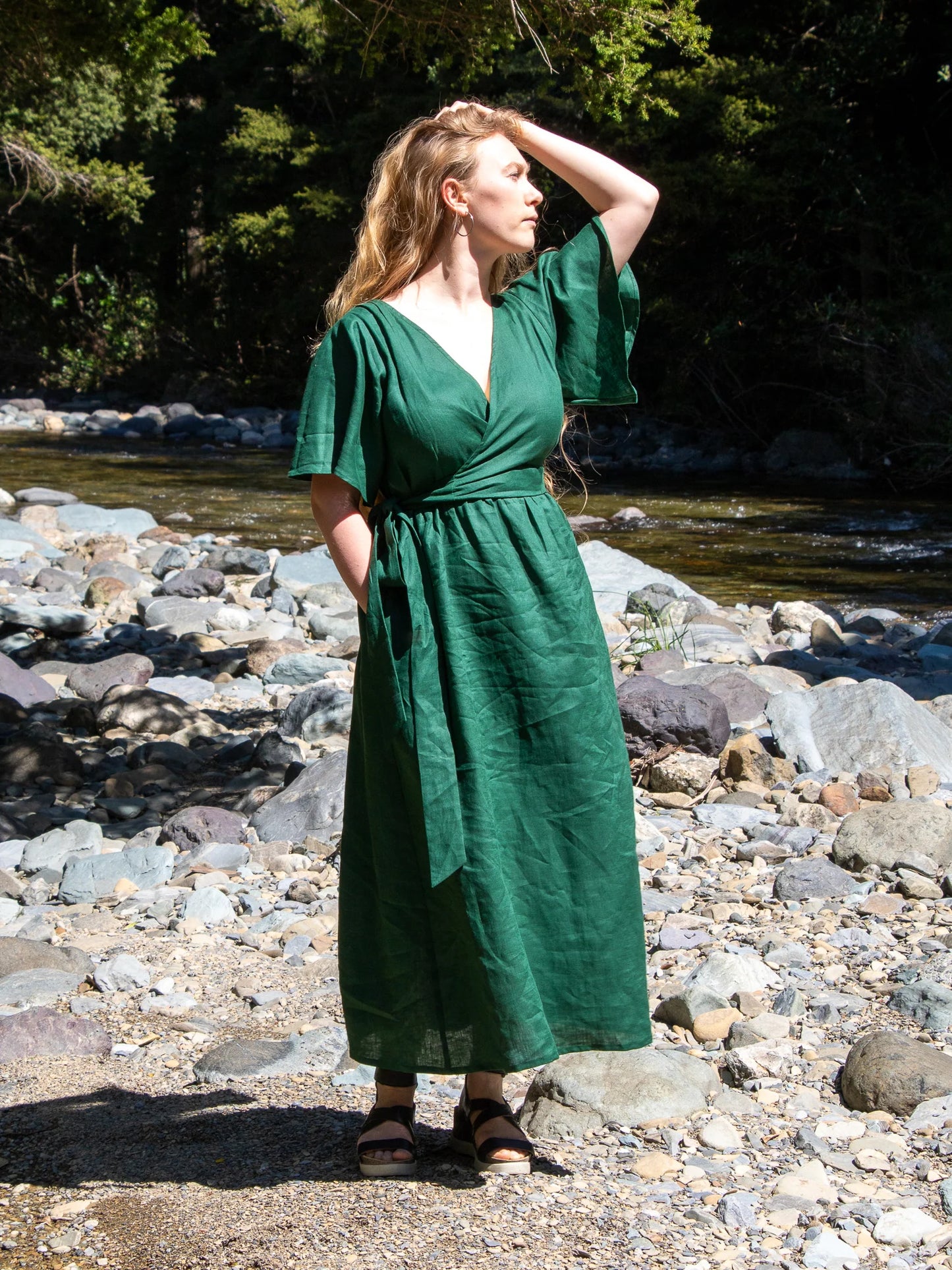 "Kelsey" Dress - Bottle Green Linen