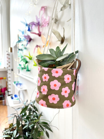 Hanging Canvas Planter - Green Flowers