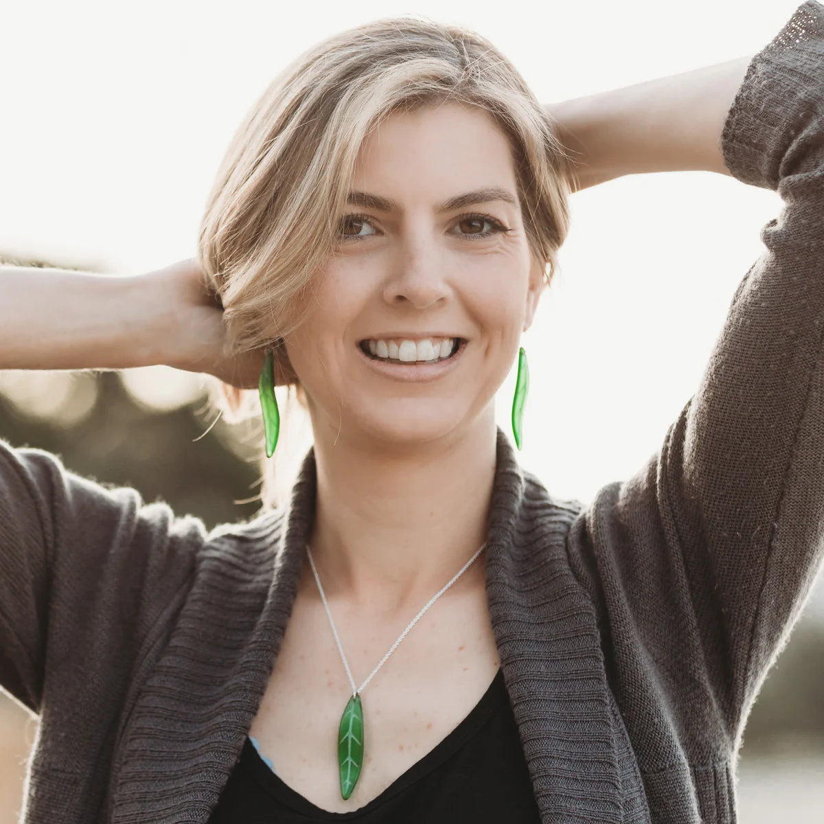 Tawa Leaf Earrings - Amber Glass