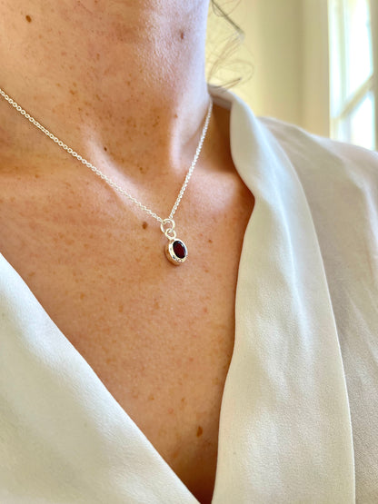 Garnet Oval Gemstone & Silver Necklace - Almandine garnet