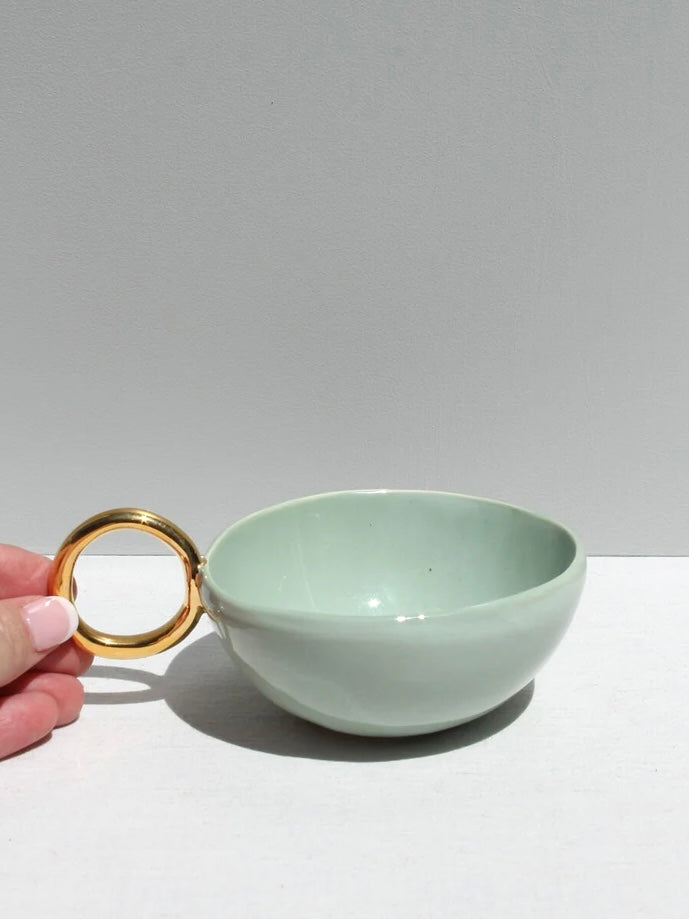 Sage Green 'With Pleasure' Gold-Handled Ceramic Tea Cup