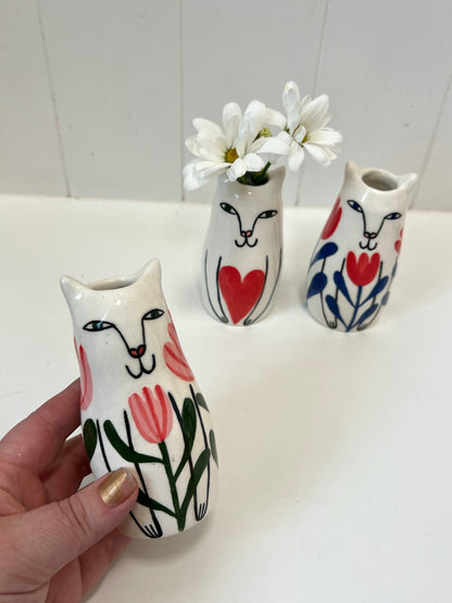 Mini Ceramic Happy Cat Vase by Studio Soph - Pink Tulips, Green Leaves