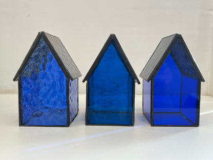 Stained Glass tea light House  - Dark Blue