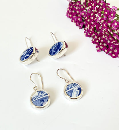 Repurposed Blue Italian Spode, Ceramic & Silver Earrings  (#2415)