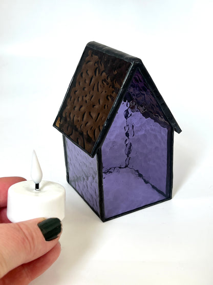 Stained Glass tea light House - Purple