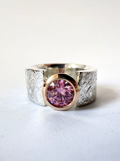 Pink Moissanite, Yellow Gold & Textured Silver Wide band Ring (CI-515)