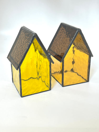 Stained Glass Tea Light House - Dark Yellow