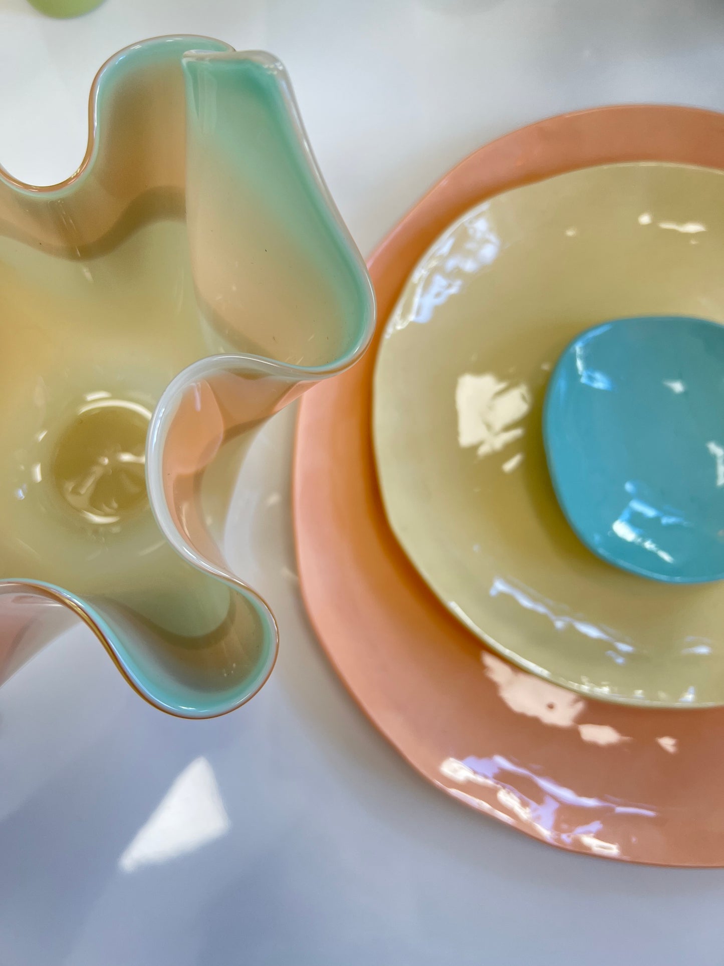 Handblown Glass Fazzoletto Bowl - Multi tone Yellow / Orange / Blue