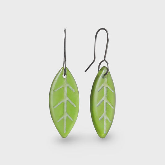 Glass Leaf Earrings - Green