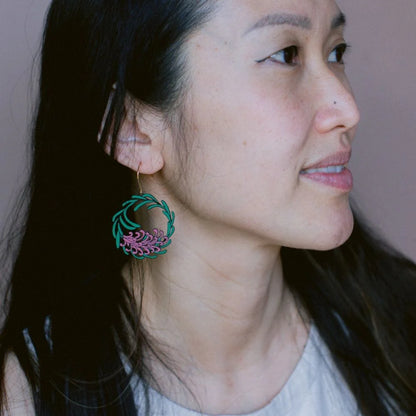 Grevillea Wreath Earrings in Black, Green & Pink