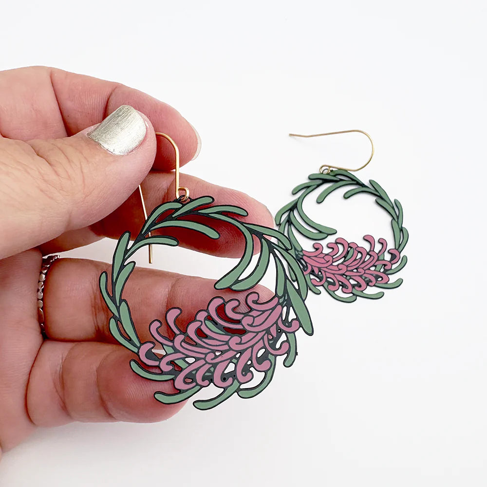 Grevillea Wreath Earrings in Black, Green & Pink