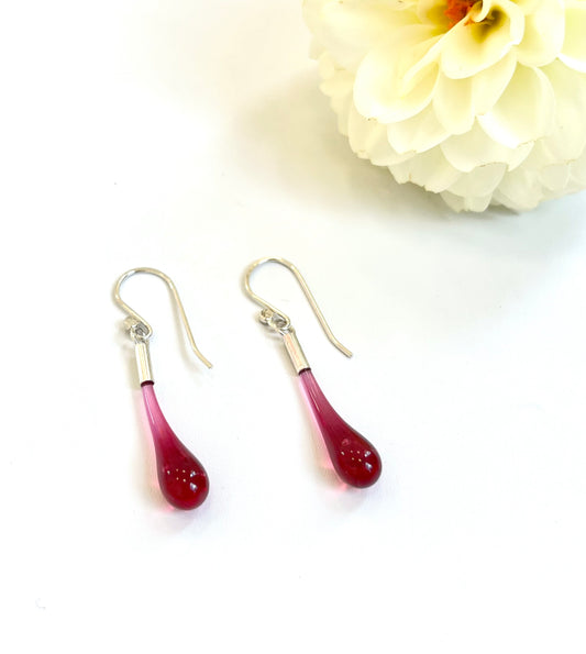 Glass Teardrop Earrings - Raspberry