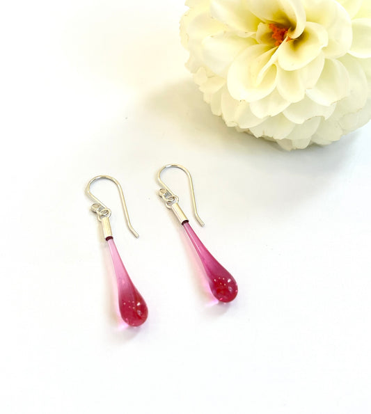 Glass Teardrop Earrings - Light Raspberry