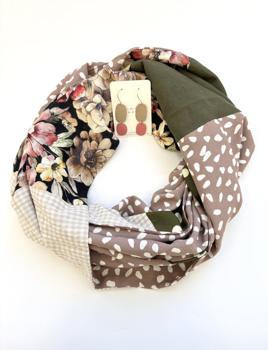 Infinity Scarf - Soft Muted natural greens / Dusky Brown