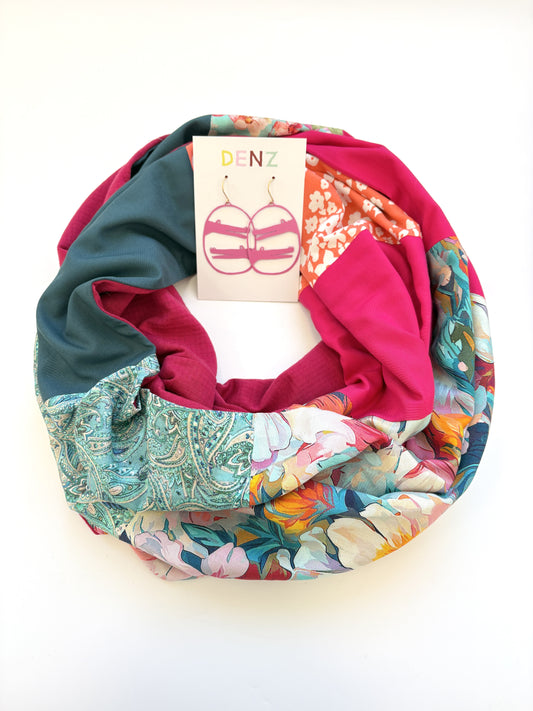 Merino Rayon Blend Infinity Scarf - Pinks and teals / Hot Pink