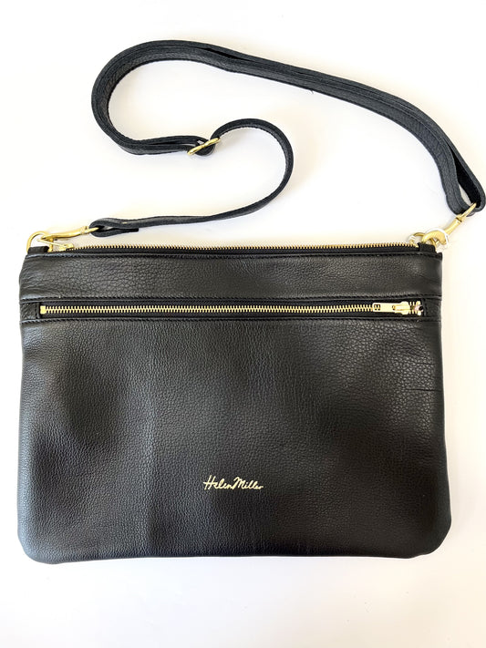 Leather Handbag Double Trouble - Black with Protea Patch Lining