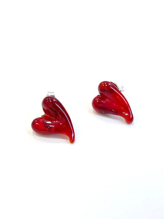 Glass Heart Studs - Red