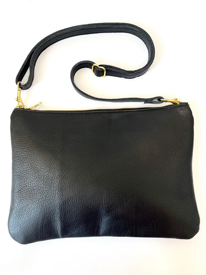 Leather Handbag Double Trouble - Black with Protea Patch Lining