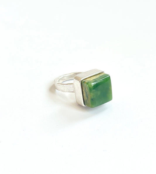Jade & Sterling Silver Large Cube Ring - Lighter Stone, Smaller Fit, textured band (RI-CU1)