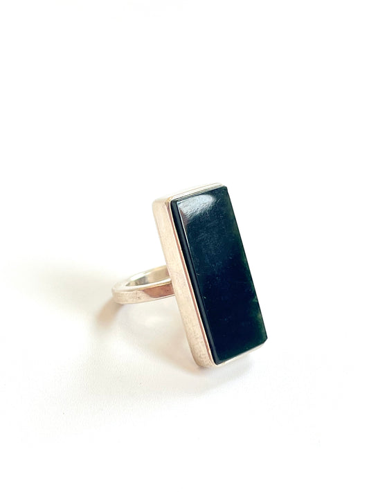 Large Long Jade & Sterling Silver Rectangle Ring