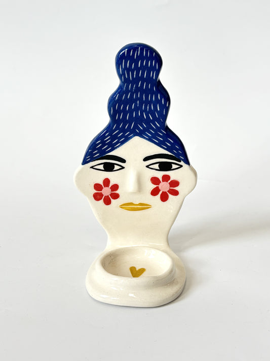 Blue Hair Lady Candle Person with flower cheeks - Ceramic candle holder by Studio Soph