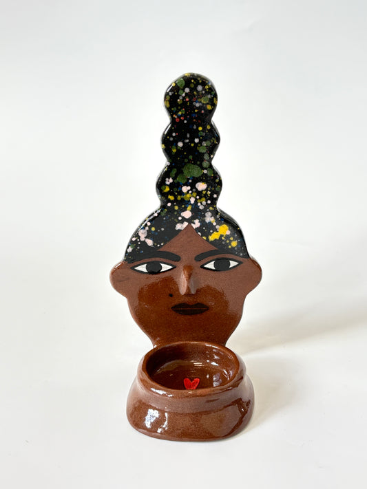 Dark Hair, dark skin Lady Candle Person with beauty spot - Ceramic candle holder by Studio Soph