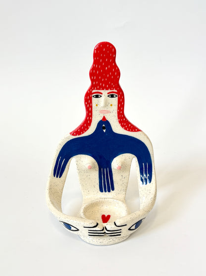 Red Hair Girl with bird Full Body Candle Person - Ceramic candle holder by Studio Soph