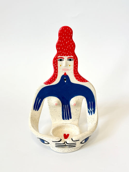 Red Hair Girl with bird Full Body Candle Person - Ceramic candle holder by Studio Soph