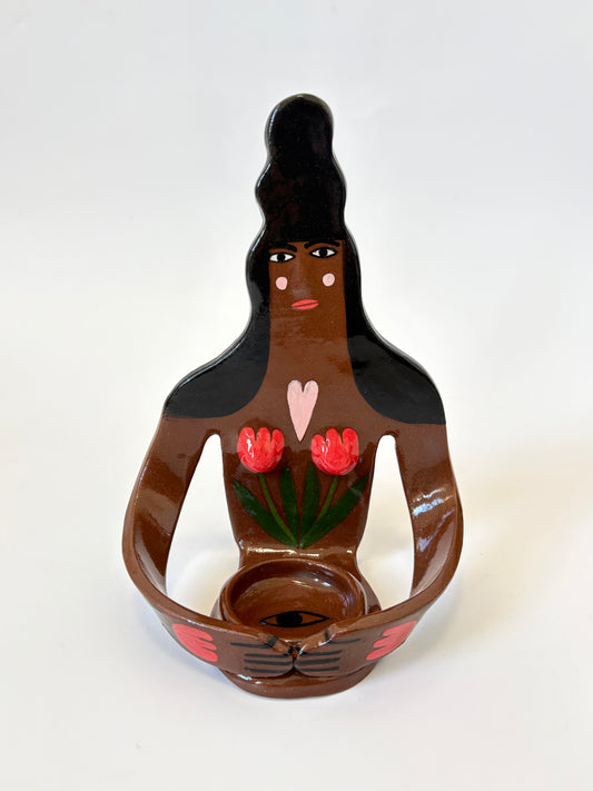 Dark Hair Girl with tulips Full Body Candle Person - Ceramic candle holder by Studio Soph