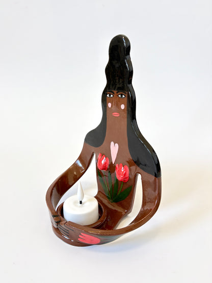 Dark Hair Girl with tulips Full Body Candle Person - Ceramic candle holder by Studio Soph