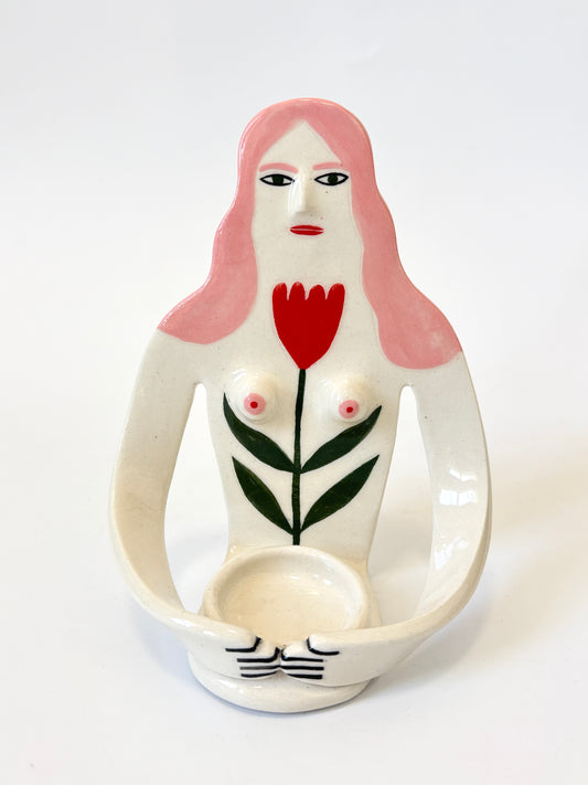 Pink Hair Girl with tulip on white skin - Full Body Candle Person - Ceramic candle holder by Studio Soph