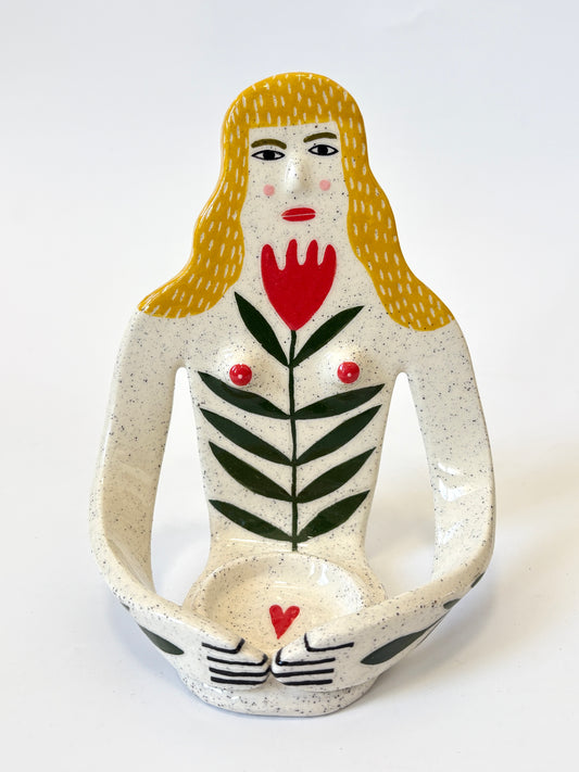 Yellow Hair Girl with tulip on white skin - Full Body Candle Person - Ceramic candle holder by Studio Soph