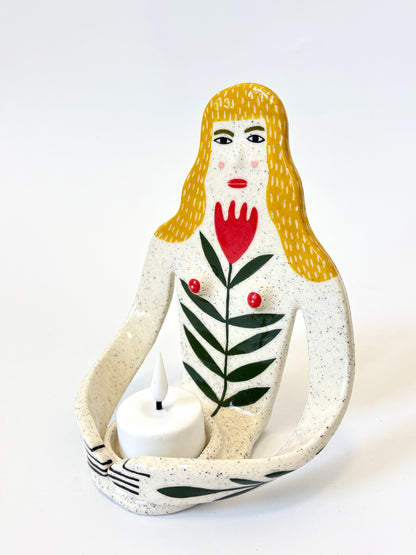 Yellow Hair Girl with tulip on white skin - Full Body Candle Person - Ceramic candle holder by Studio Soph
