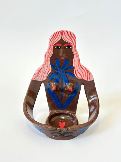Pink Hair Girl with blue flower,  brown skin - Full Body Candle Person - Ceramic candle holder by Studio Soph