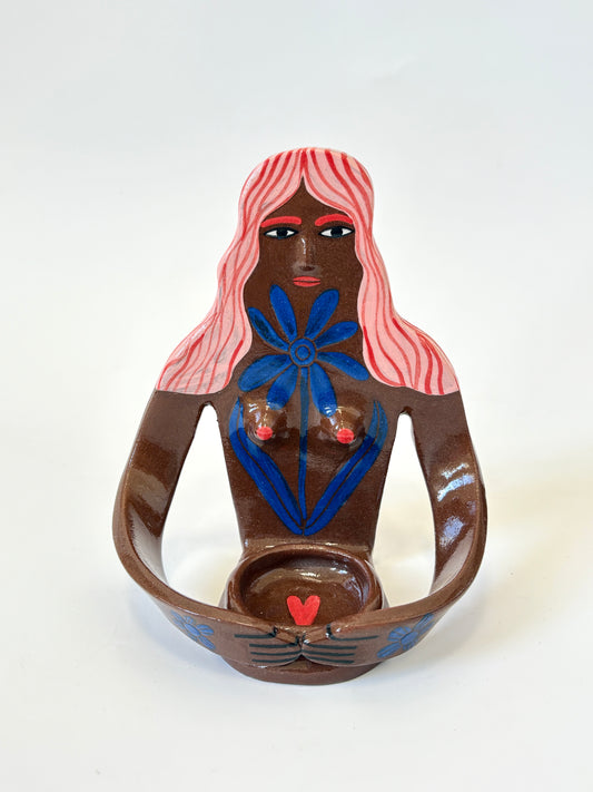 Pink Hair Girl with blue flower,  brown skin - Full Body Candle Person - Ceramic candle holder by Studio Soph
